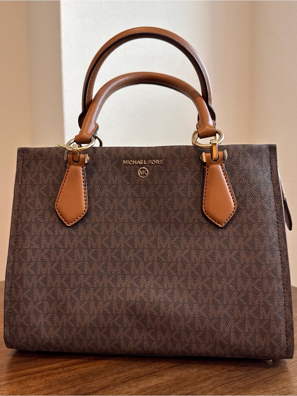 Michael Kors Brown and Tan MK Logo Satchel